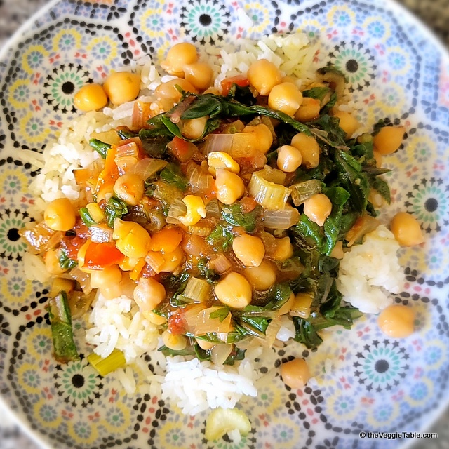 Chard and chickpeas over rice