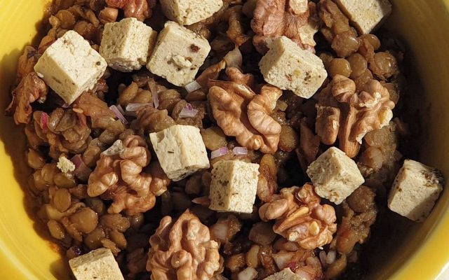 Lentil, feta, walnut salad