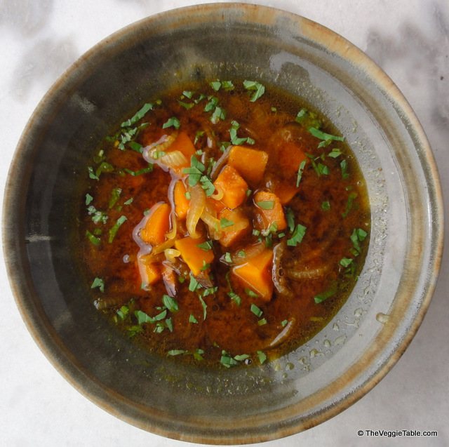 Miso soup with pumpkin and onion